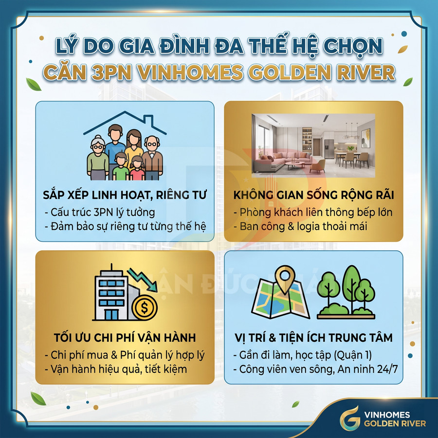 Lý do chọn căn hộ 3 phòng ngủ Vinhomes Golden River cho gia đình đa thế hệ, không gian rộng, chi phí hợp lý, vị trí trung tâm