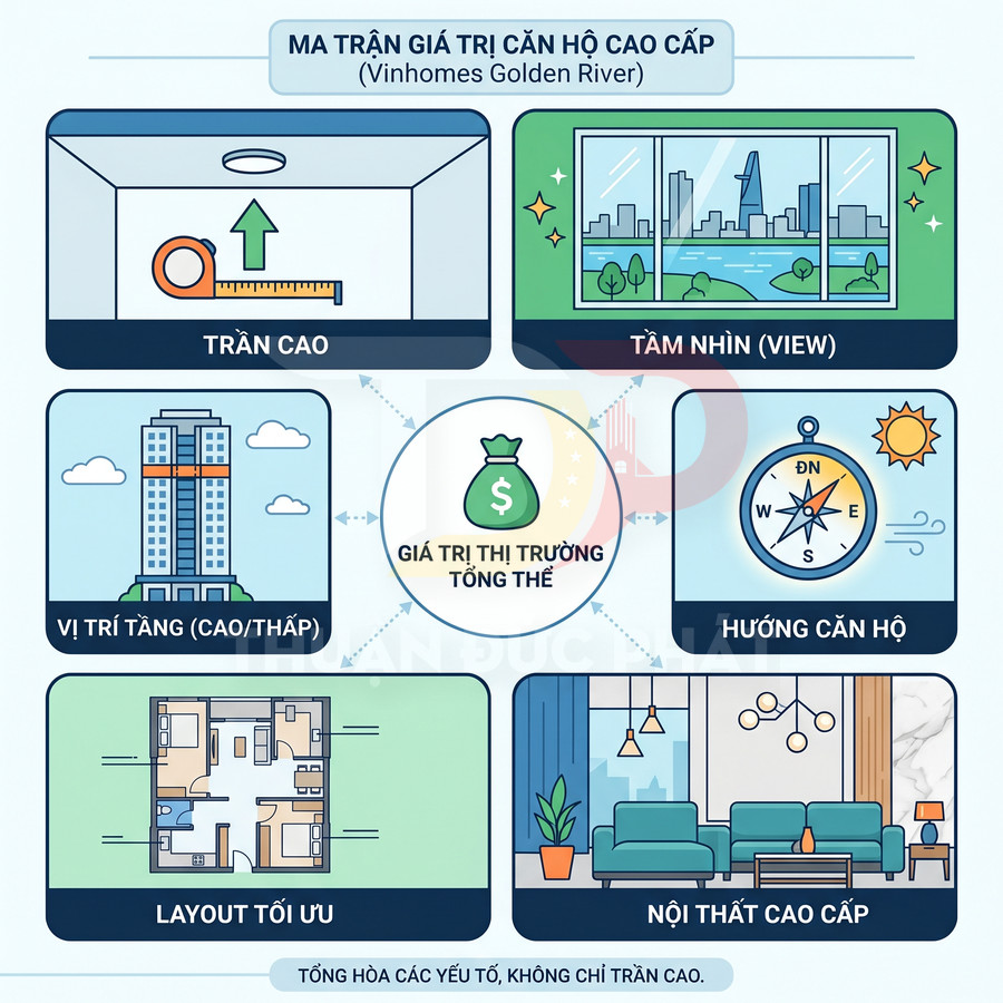 Ma trận giá trị căn hộ cao cấp Vinhomes Golden River với các yếu tố trần cao, tầm nhìn, vị trí tầng, hướng, layout và nội thất