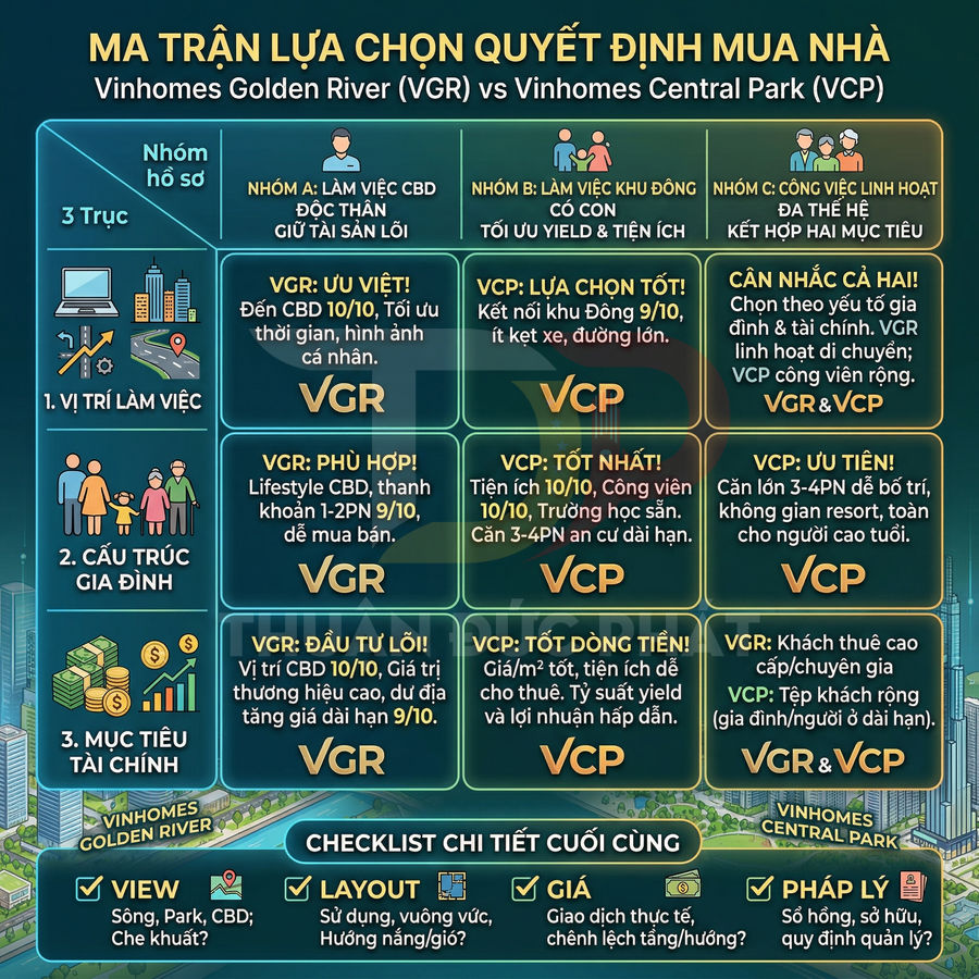 Ma trận so sánh dự án Vinhomes Golden River và Vinhomes Central Park theo vị trí, gia đình, tài chính