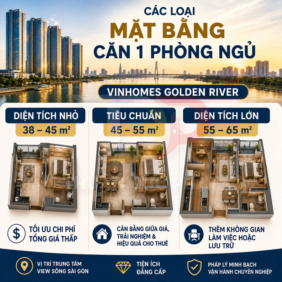 Mặt bằng căn hộ 1 phòng ngủ Vinhomes Golden River với 3 lựa chọn diện tích nhỏ, tiêu chuẩn và lớn