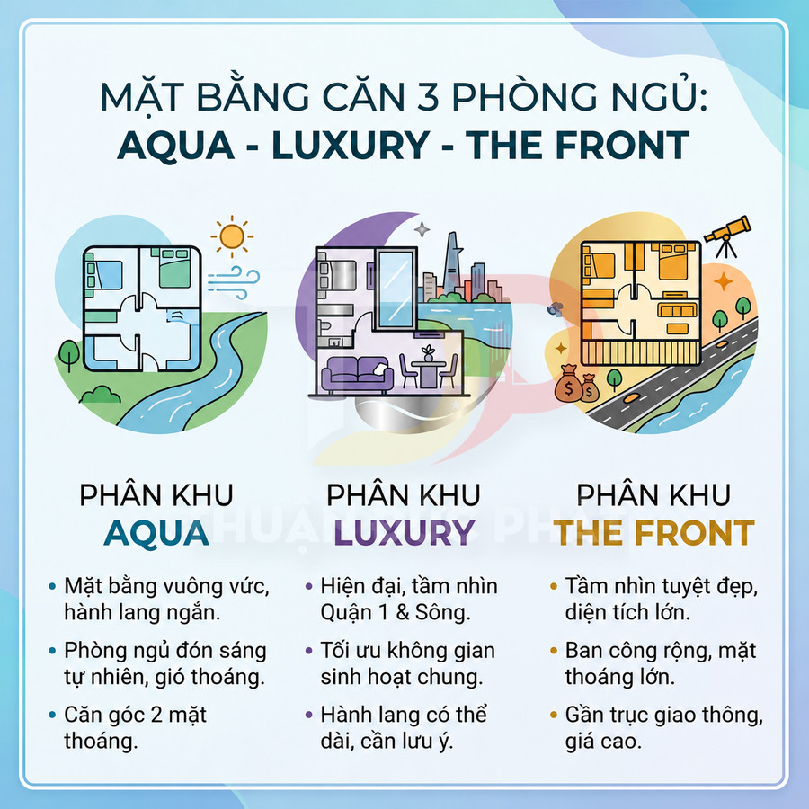 Mặt bằng căn hộ 3 phòng ngủ các phân khu Aqua, Luxury, The Front với ưu điểm và tiện ích nổi bật