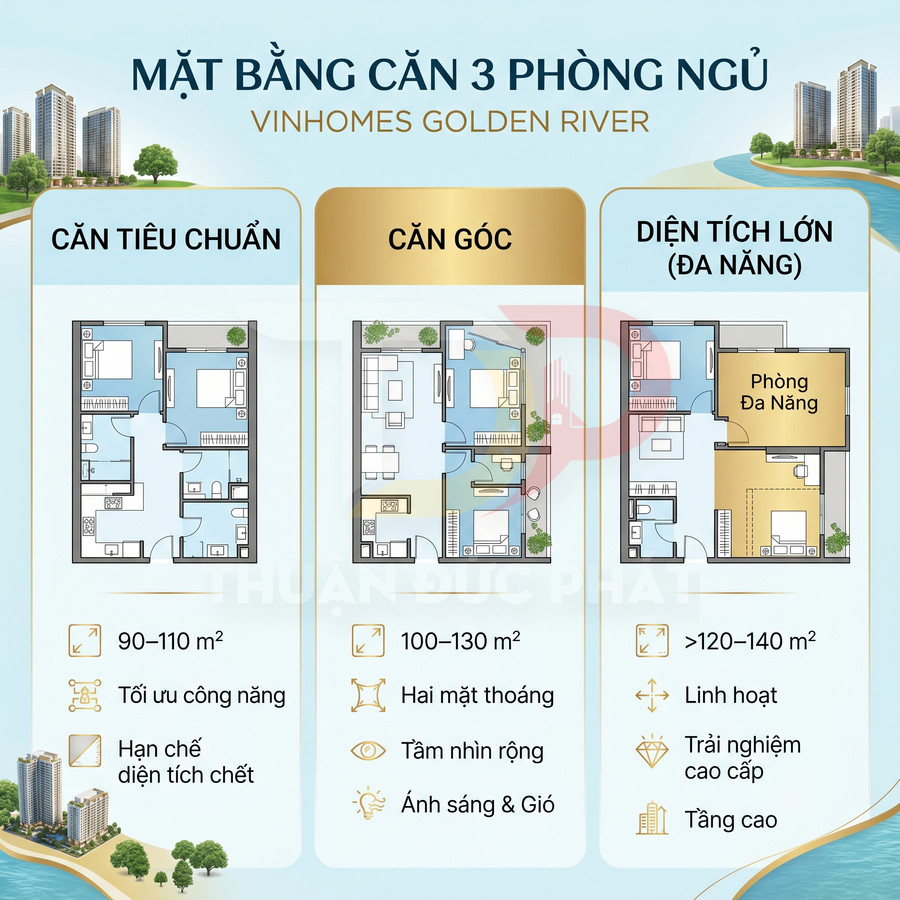 Mặt bằng căn hộ 3 phòng ngủ Vinhomes Golden River với các lựa chọn tiêu chuẩn, căn góc và diện tích lớn