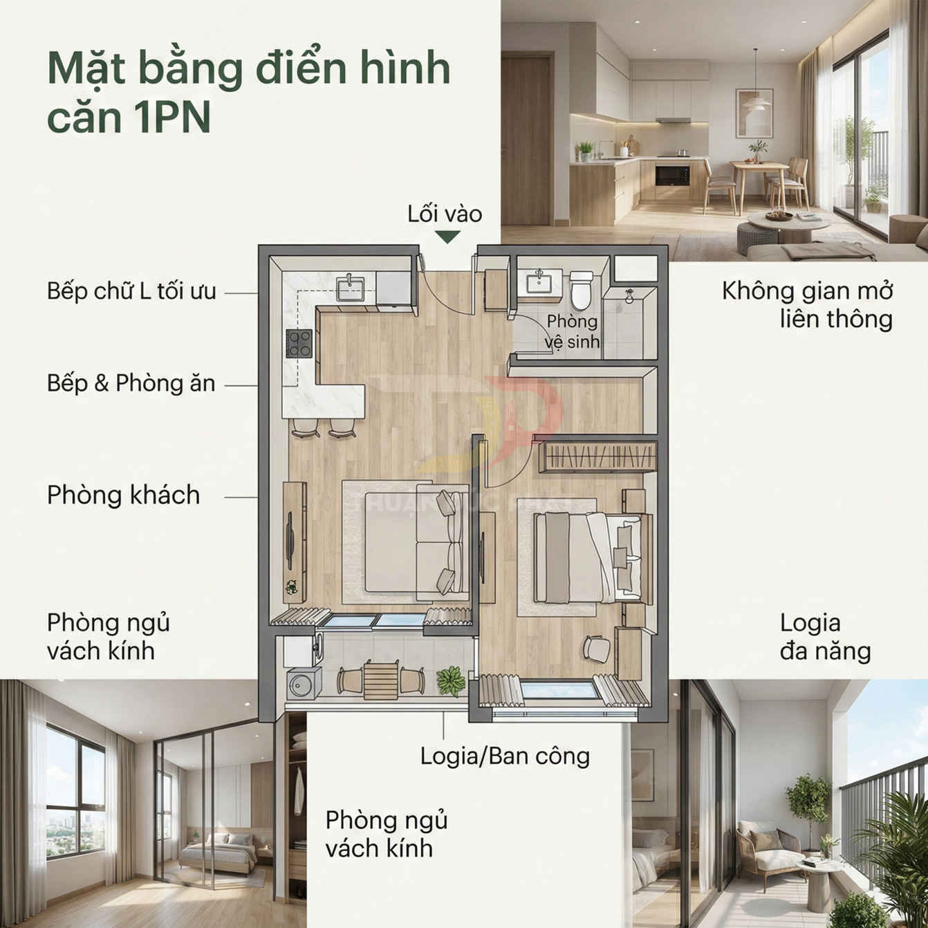 Mặt bằng căn hộ 1 phòng ngủ với bếp chữ L, phòng khách liên thông, phòng ngủ vách kính và logia ban công đa năng