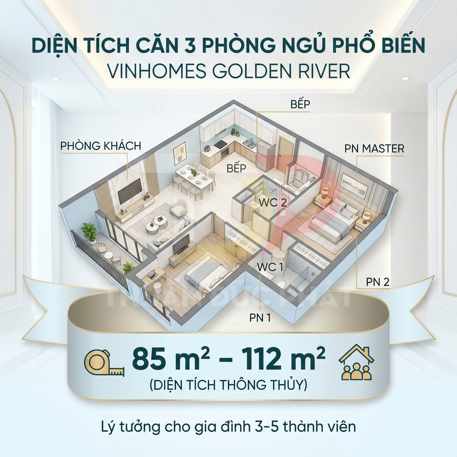 Mặt bằng căn hộ 3 phòng ngủ Vinhomes Golden River diện tích 85 đến 112m2 cho gia đình 3 đến 5 người