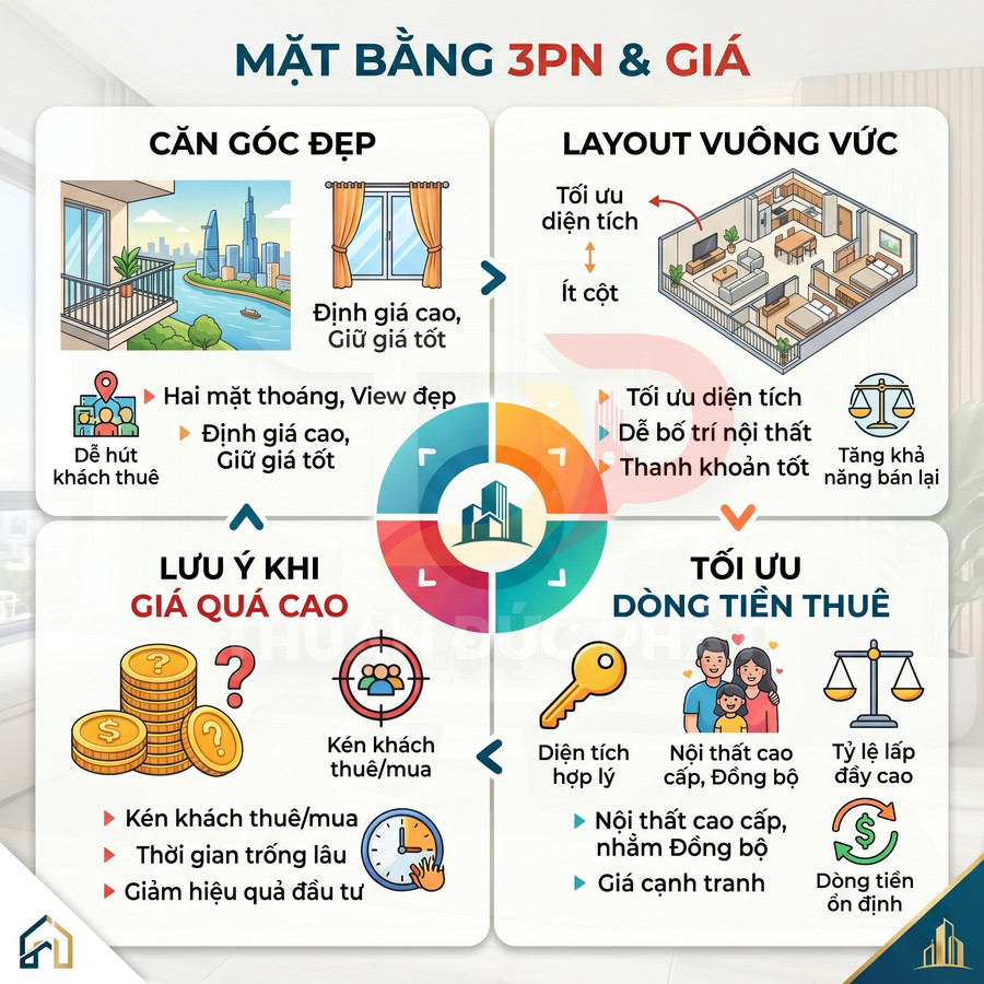 Infographic tư vấn chọn căn hộ 3 phòng ngủ, layout vuông vức, căn góc đẹp và tối ưu dòng tiền cho thuê