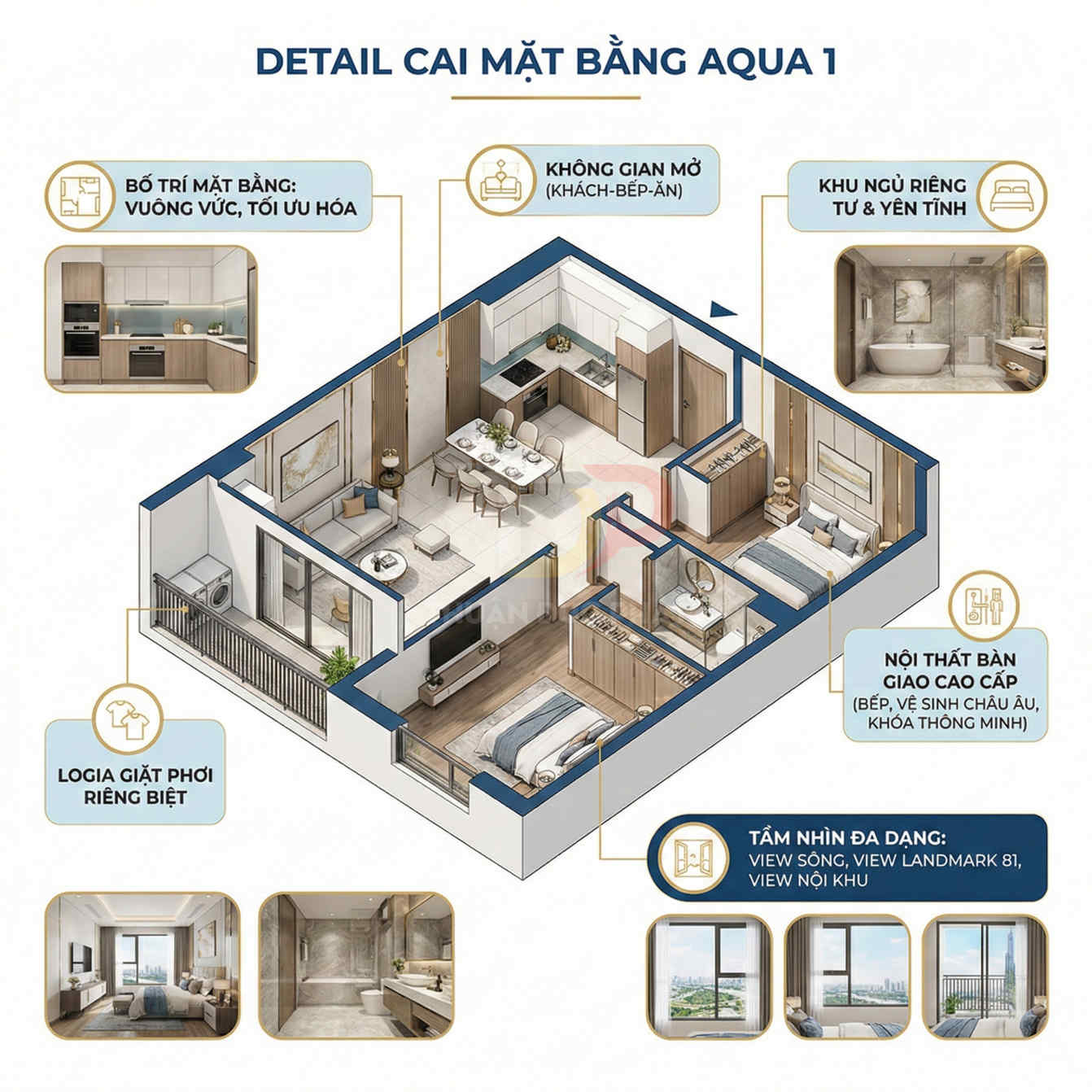 Mặt bằng chi tiết căn hộ Aqua 1 với không gian mở, 2 phòng ngủ, logia giặt phơi và nội thất cao cấp