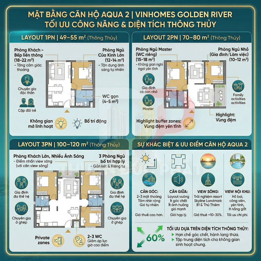 Mặt bằng căn hộ Aqua 2 Vinhomes Golden River với các layout 1PN, 2PN, 3PN và ưu điểm thiết kế thông thủy