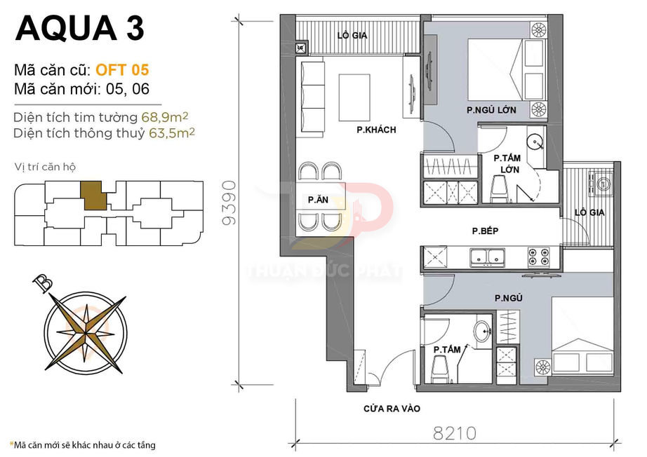 Mặt bằng căn hộ Aqua 3 OFT 05 gồm 2 phòng ngủ, 2 phòng tắm, phòng khách, bếp và ban công