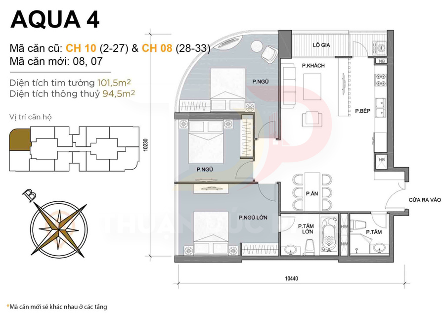 Mặt bằng căn hộ Aqua 4 mã CH 08 10 với 3 phòng ngủ 2 phòng tắm bếp và phòng khách ban công
