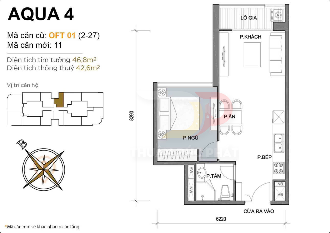 Mặt bằng căn hộ Aqua 4 OFT 01 một phòng ngủ một phòng tắm có phòng khách bếp và lô gia