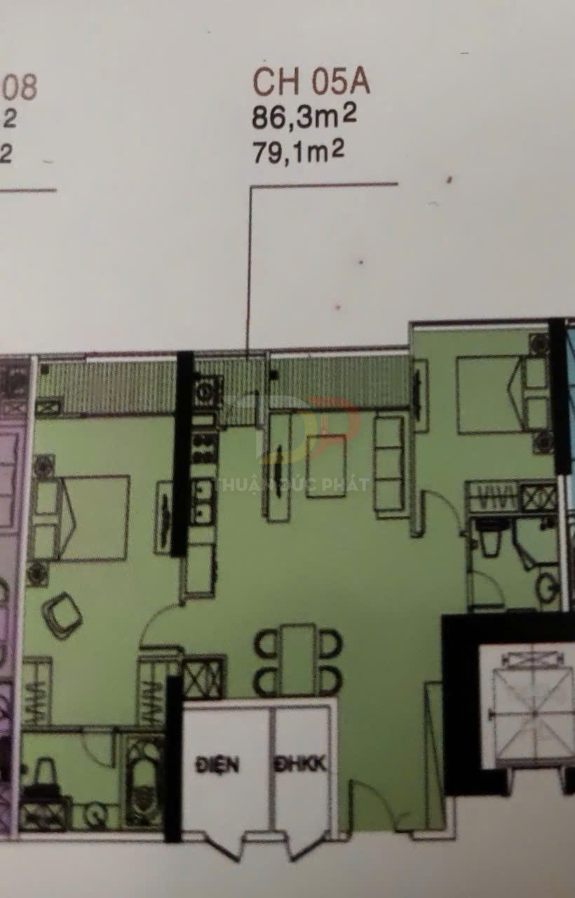 Mặt bằng căn hộ CH 05A diện tích 86,3m2 với phòng khách, bếp, phòng ngủ và khu vệ sinh