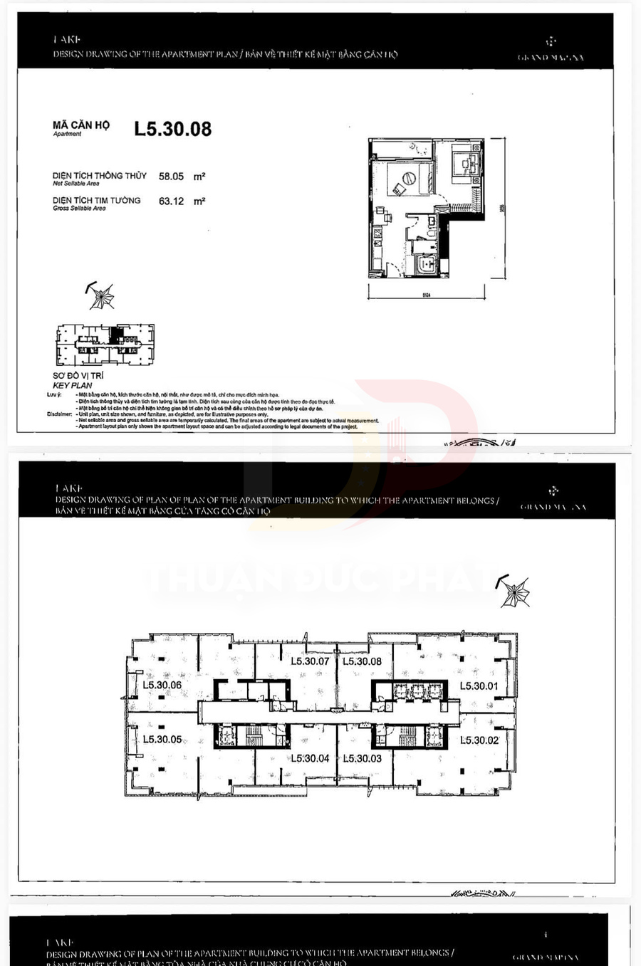 Bản vẽ mặt bằng căn hộ L5.30.08 dự án Grand Marina với sơ đồ vị trí trên tầng căn hộ