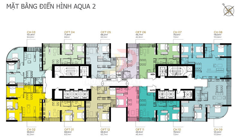 Mặt bằng điển hình tòa căn hộ Aqua 2 với sơ đồ bố trí các loại căn hộ và diện tích chi tiết