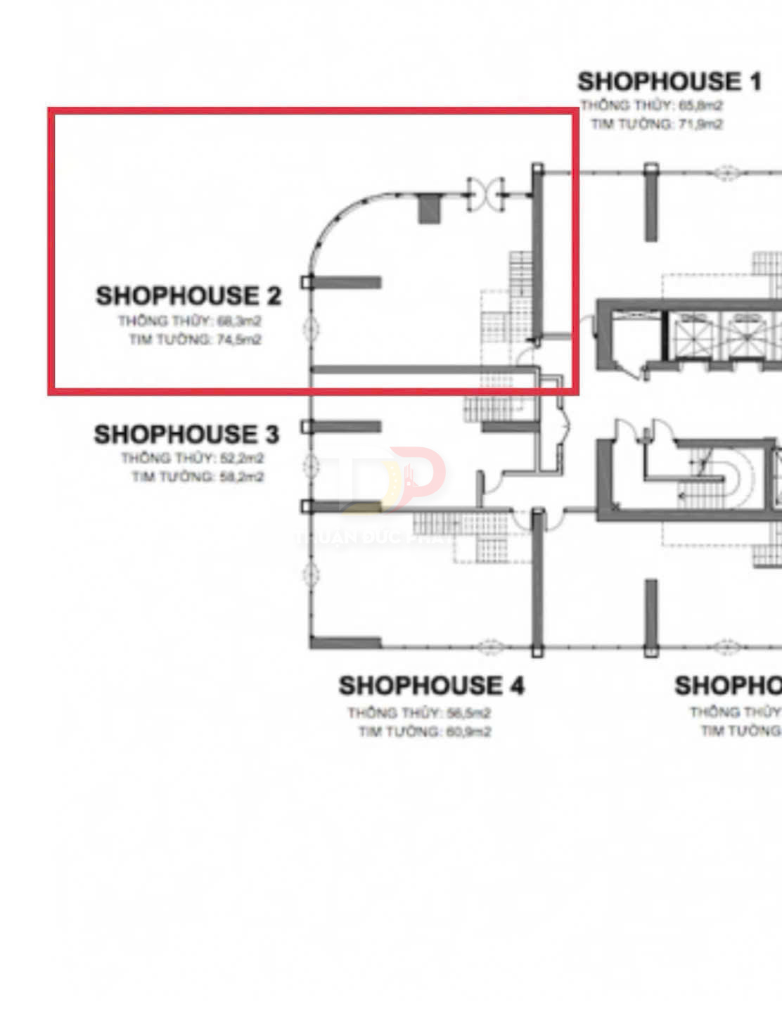 Mặt bằng thiết kế shophouse 2 trong dãy shophouse, thể hiện diện tích thông thủy và tim tường
