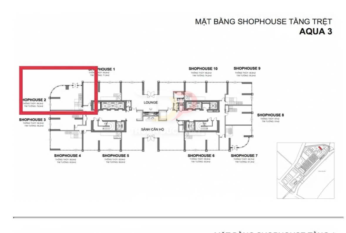 Mặt bằng shophouse tầng trệt Aqua 3 với vị trí shophouse 2 được tô khung đỏ nổi bật