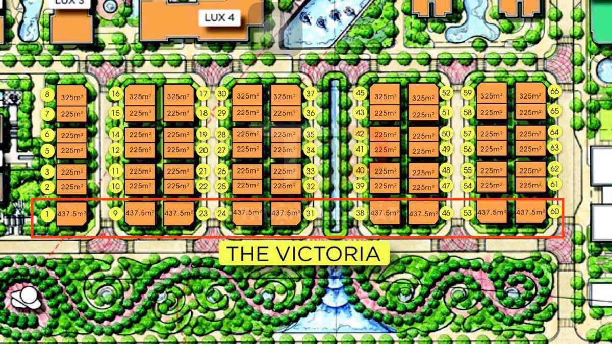 Mặt bằng phân lô khu biệt thự The Victoria với các lô đất diện tích 225m2 đến 437,5m2