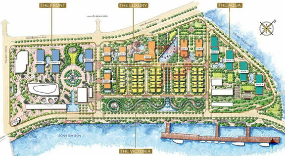 Mặt bằng tổng thể khu đô thị ven sông với phân khu The Front The Luxury The Aqua The Victoria
