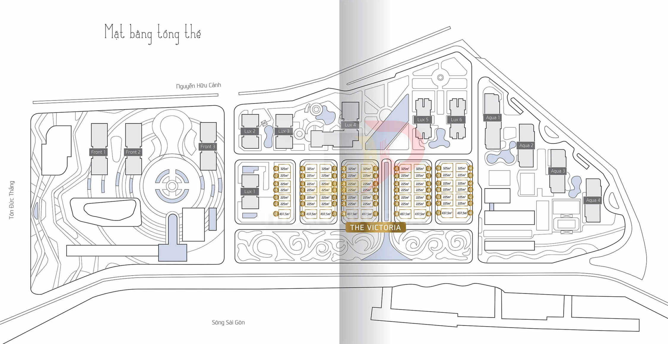 Mặt bằng tổng thể khu căn hộ The Victoria bên sông Sài Gòn với các tòa Front, Lux, Aqua