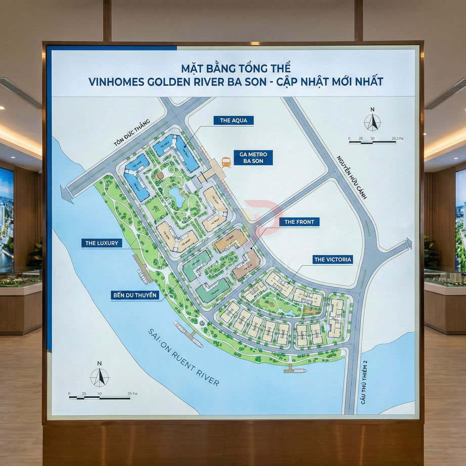 Mặt bằng tổng thể dự án Vinhomes Golden River Ba Son bên sông Sài Gòn trong phòng giới thiệu bất động sản