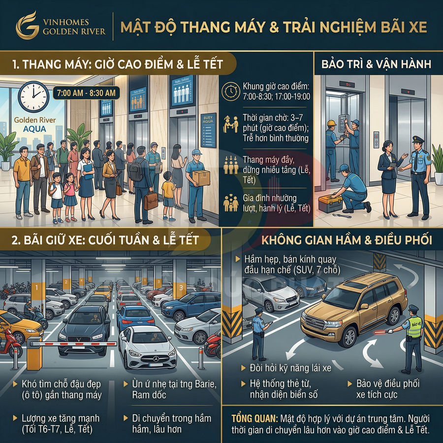 Infographic Vinhomes Golden River mô tả mật độ thang máy và bãi giữ xe đông đúc dịp cao điểm và lễ Tết