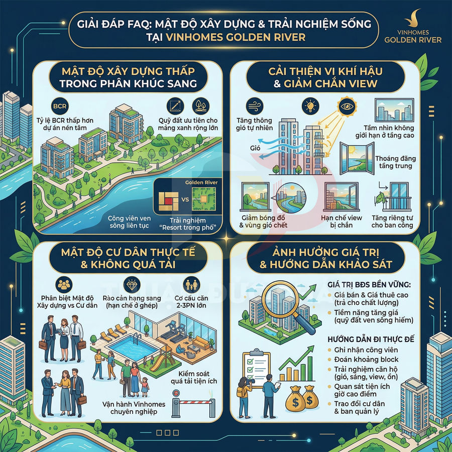 Infographic giới thiệu mật độ xây dựng, tiện ích và giá trị sống tại dự án Vinhomes Golden River