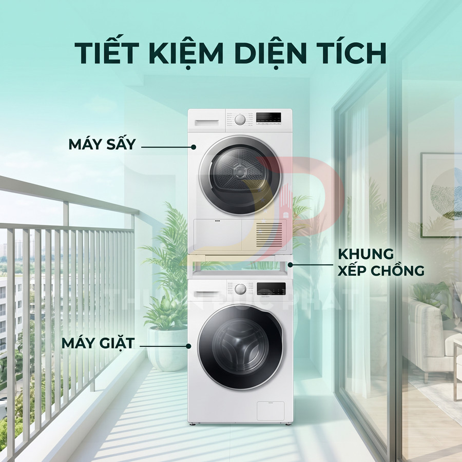 Bộ máy giặt và máy sấy cửa trước màu trắng xếp chồng bằng khung tiết kiệm diện tích ban công