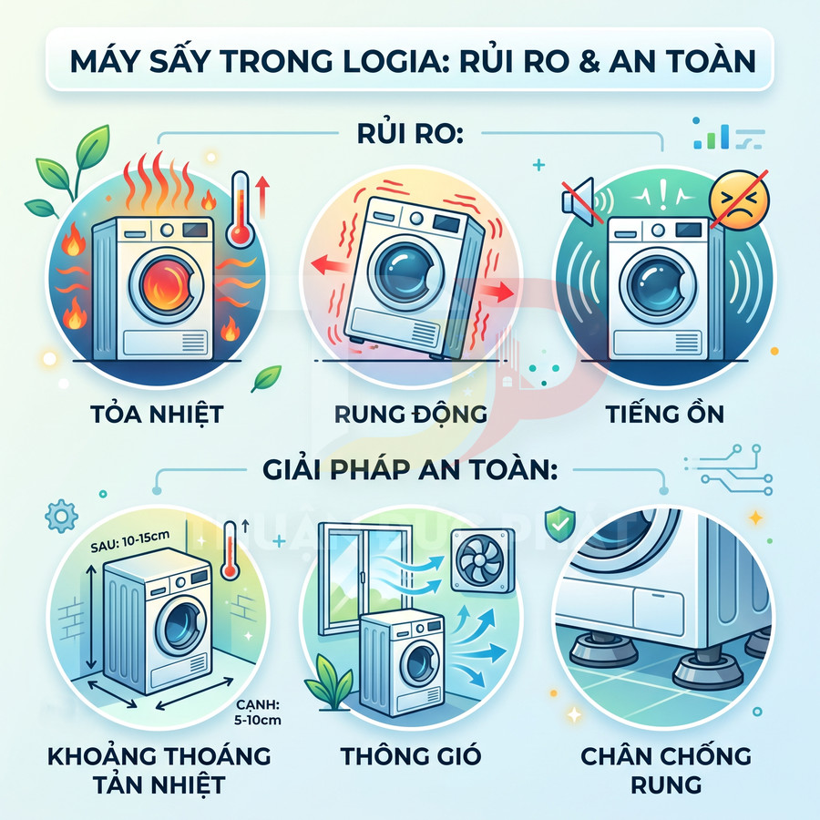 Minh họa máy sấy quần áo trong logia với rủi ro tỏa nhiệt, rung, ồn và các giải pháp an toàn