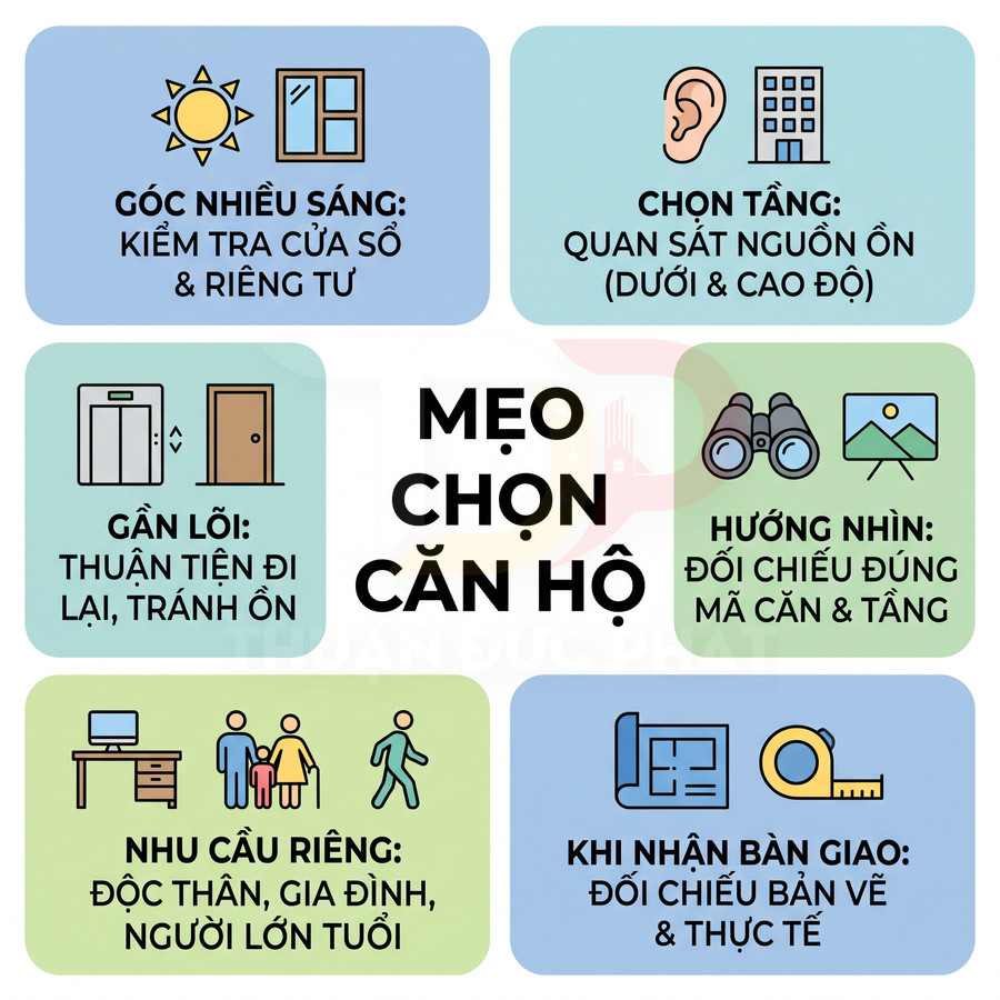 Mẹo chọn căn hộ: kiểm tra ánh sáng, tiếng ồn, vị trí gần lối đi, hướng nhìn, nhu cầu riêng và đối chiếu khi bàn giao.
