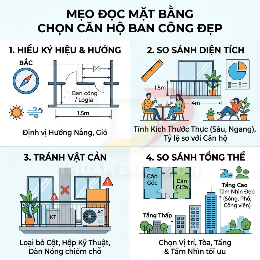 Mẹo đọc mặt bằng chọn căn hộ có ban công đẹp với hướng nắng gió, diện tích, vật cản và tầm nhìn tổng thể