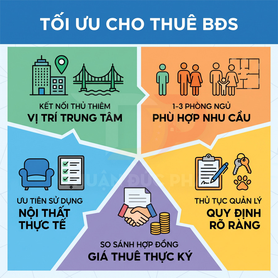 Các tiêu chí cho thuê bất động sản gồm vị trí, số phòng ngủ, nội thất, thủ tục quản lý và giá thuê thực tế