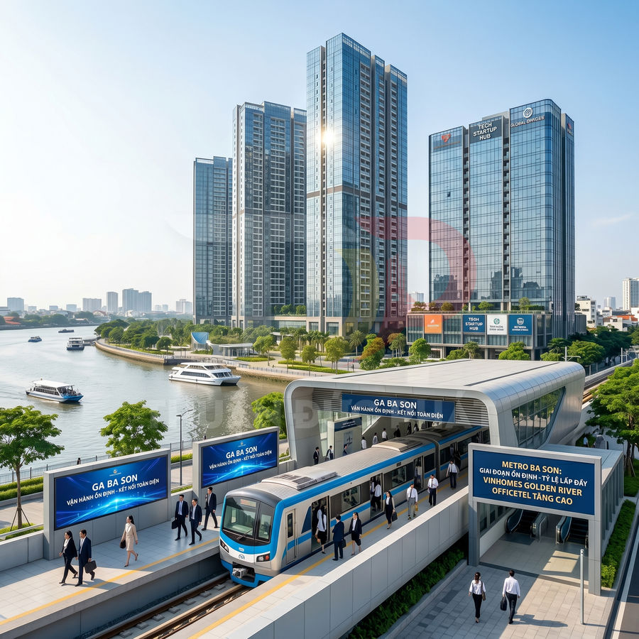 Ga metro Ba Son hiện đại cạnh sông Sài Gòn, trước khu căn hộ và văn phòng cao tầng Vinhomes Golden River