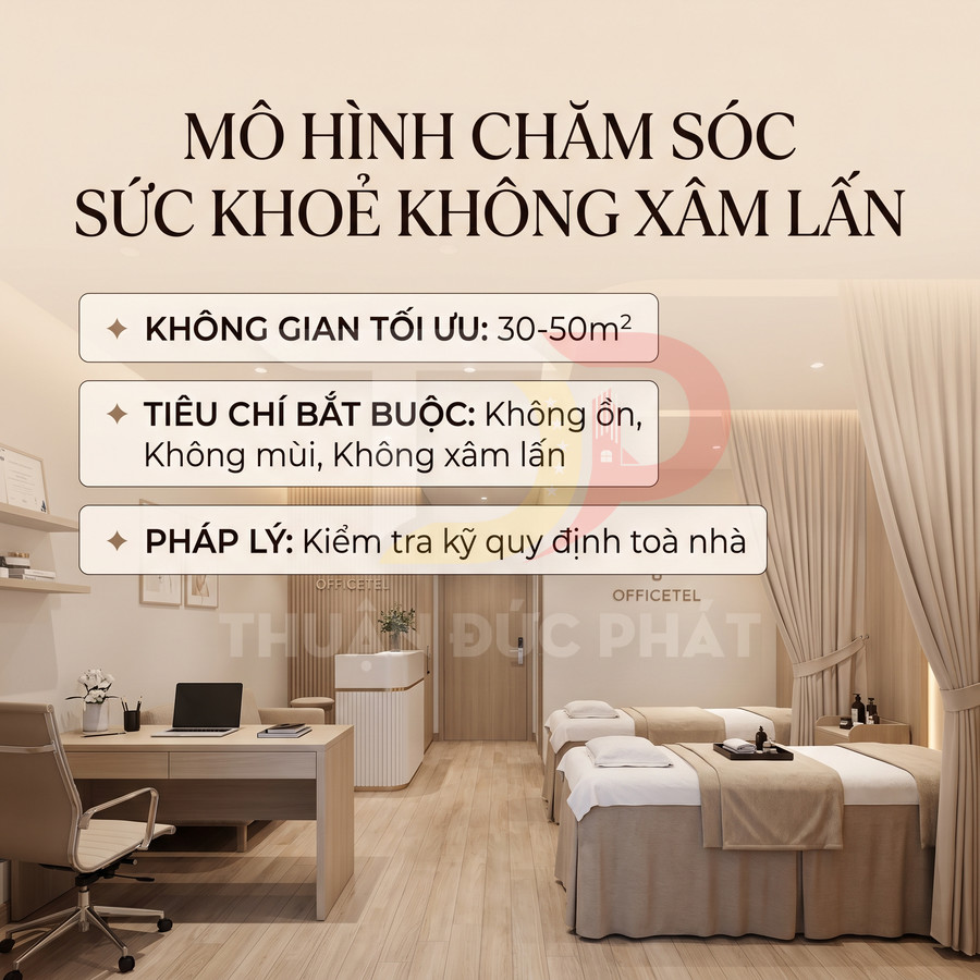 Phòng spa chăm sóc sức khỏe không xâm lấn với hai giường trị liệu và bàn làm việc nội thất gỗ sáng