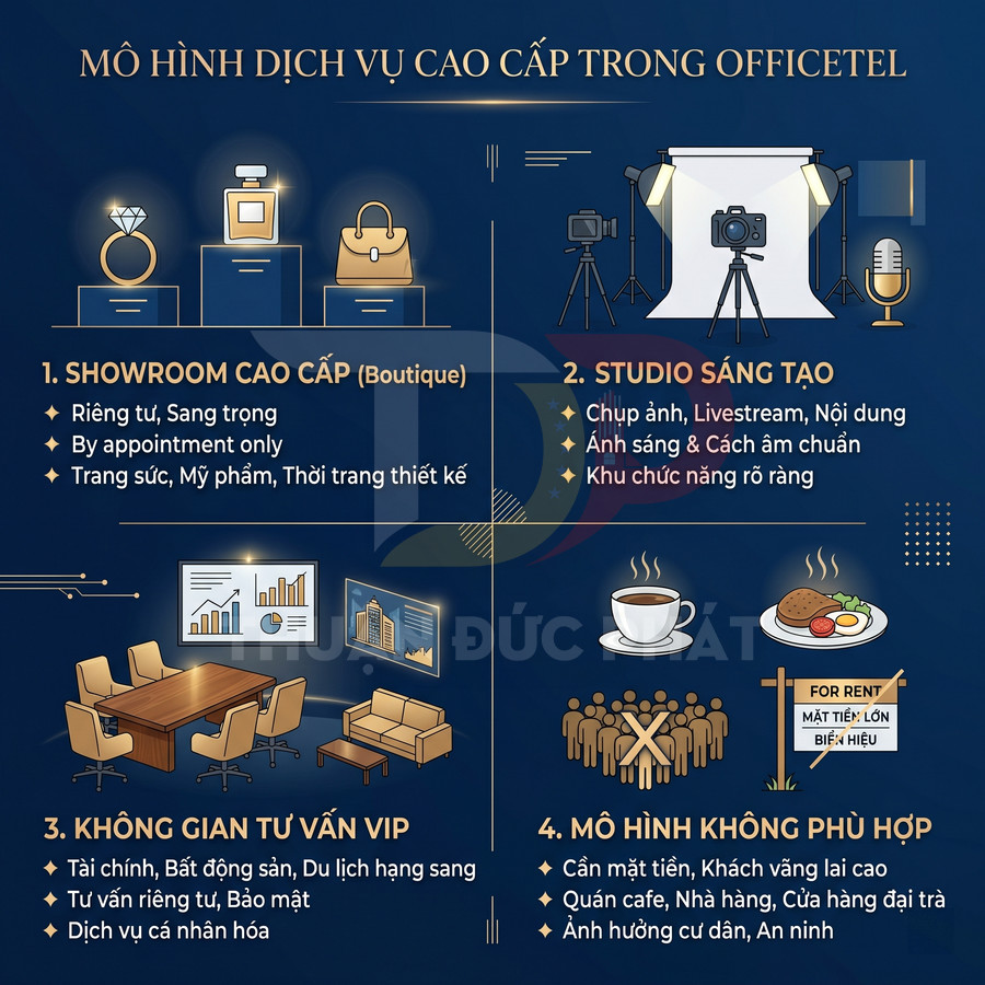 Mô hình dịch vụ cao cấp trong officetel với showroom, studio sáng tạo, không gian tư vấn VIP và mô hình không phù hợp