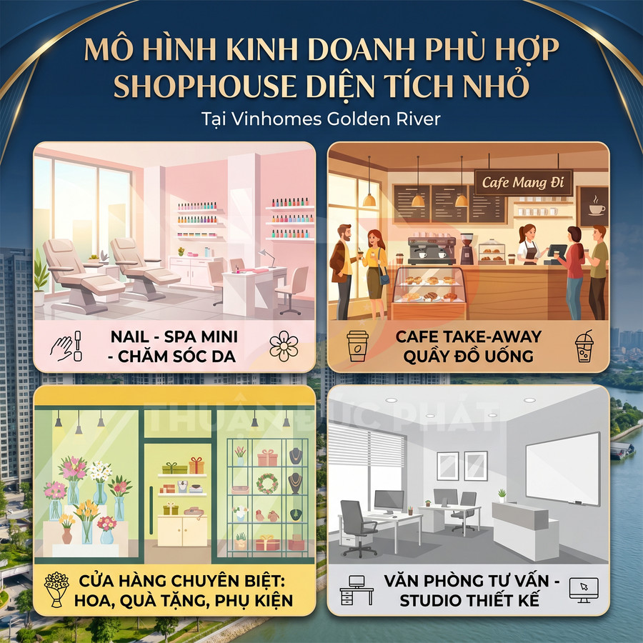 Mô hình kinh doanh shophouse nhỏ tại Vinhomes Golden River gồm spa mini, cafe mang đi, cửa hàng quà tặng và văn phòng tư vấn