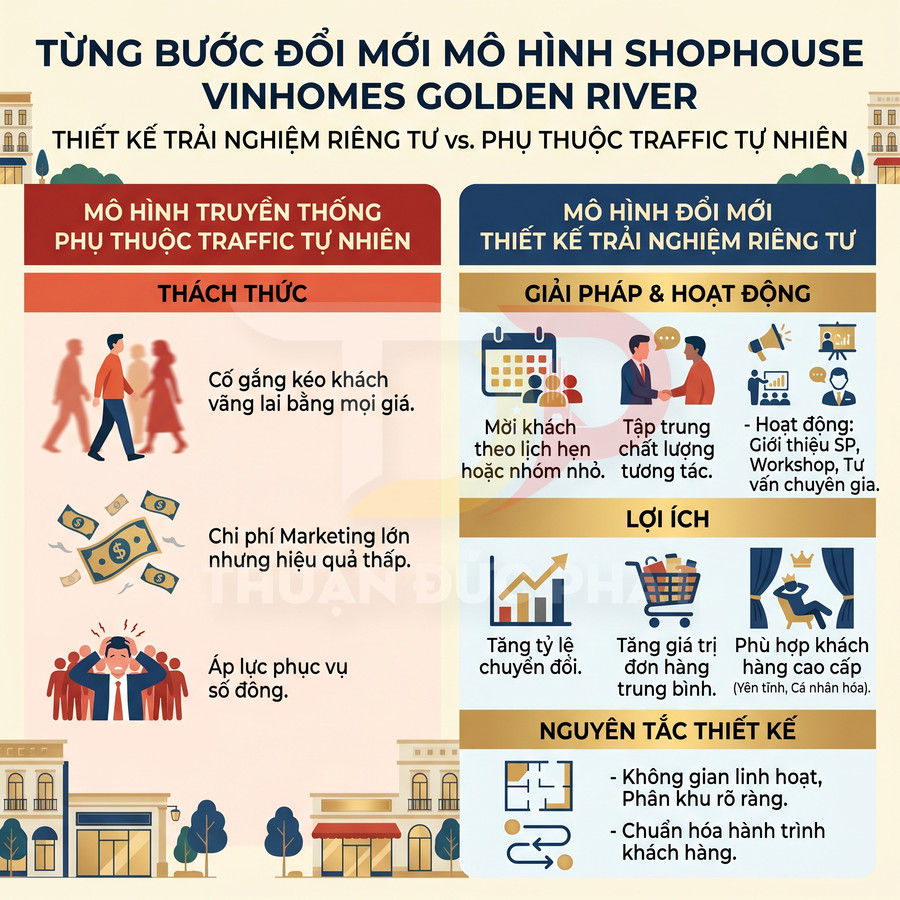 Infographic mô hình shophouse Vinhomes Golden River so sánh mô hình truyền thống và thiết kế trải nghiệm riêng tư