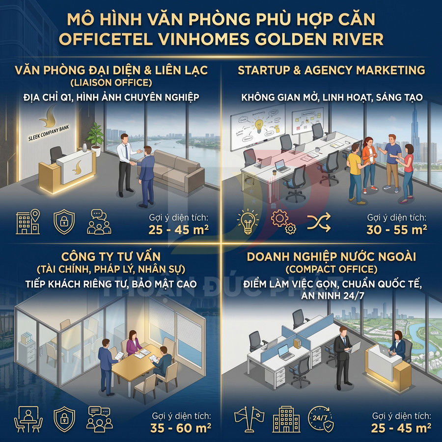 Mô hình văn phòng officetel Vinhomes Golden River cho startup, tư vấn, doanh nghiệp nước ngoài, diện tích 25 đến 60m2