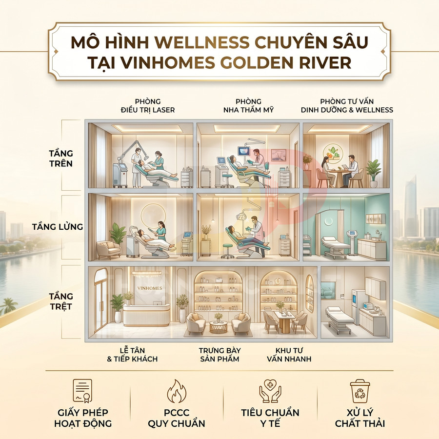 Mô hình trung tâm wellness chuyên sâu Vinhomes Golden River với các phòng khám và khu tư vấn chăm sóc sức khỏe