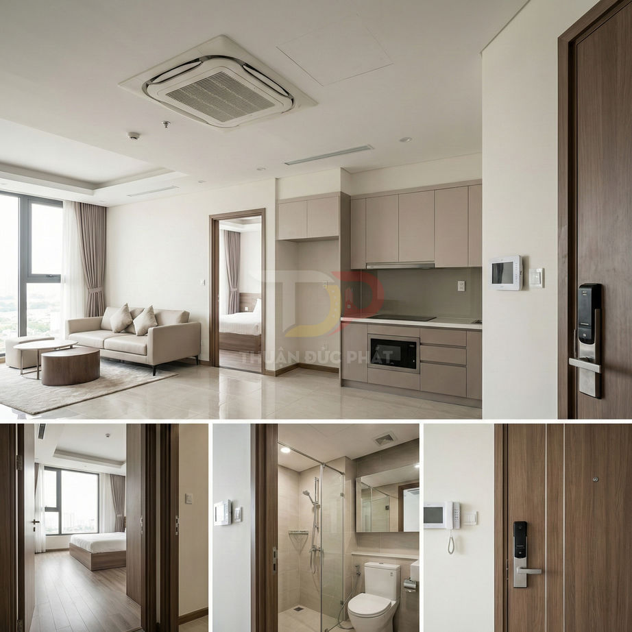 Căn hộ chung cư hiện đại nội thất đầy đủ với phòng khách, bếp, phòng ngủ và nhà tắm sáng sủa