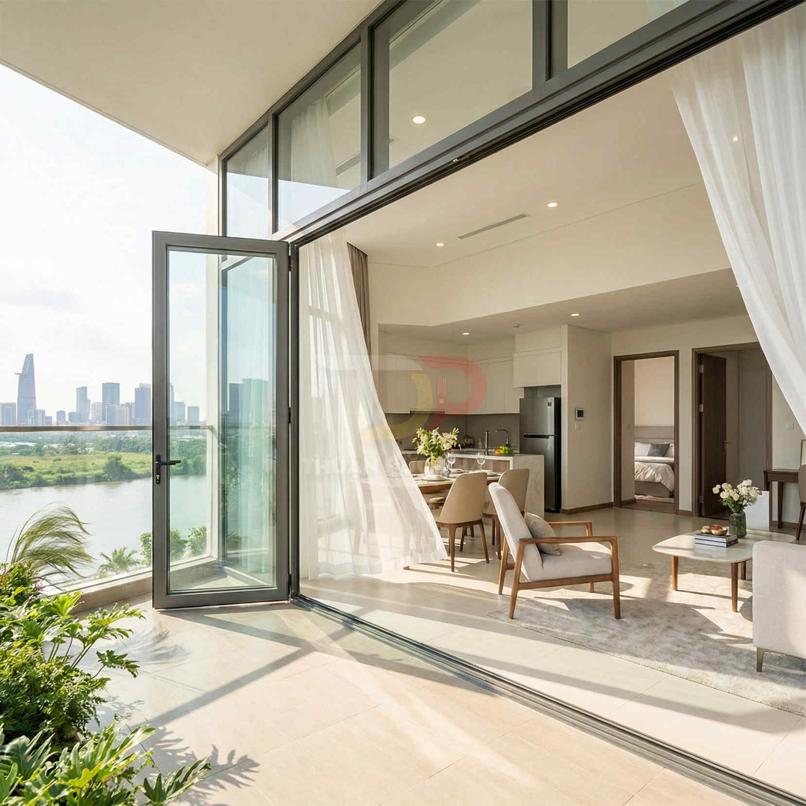 Căn hộ cao cấp với cửa kính mở ra ban công, phòng khách và bếp hiện đại nhìn ra sông và skyline thành phố
