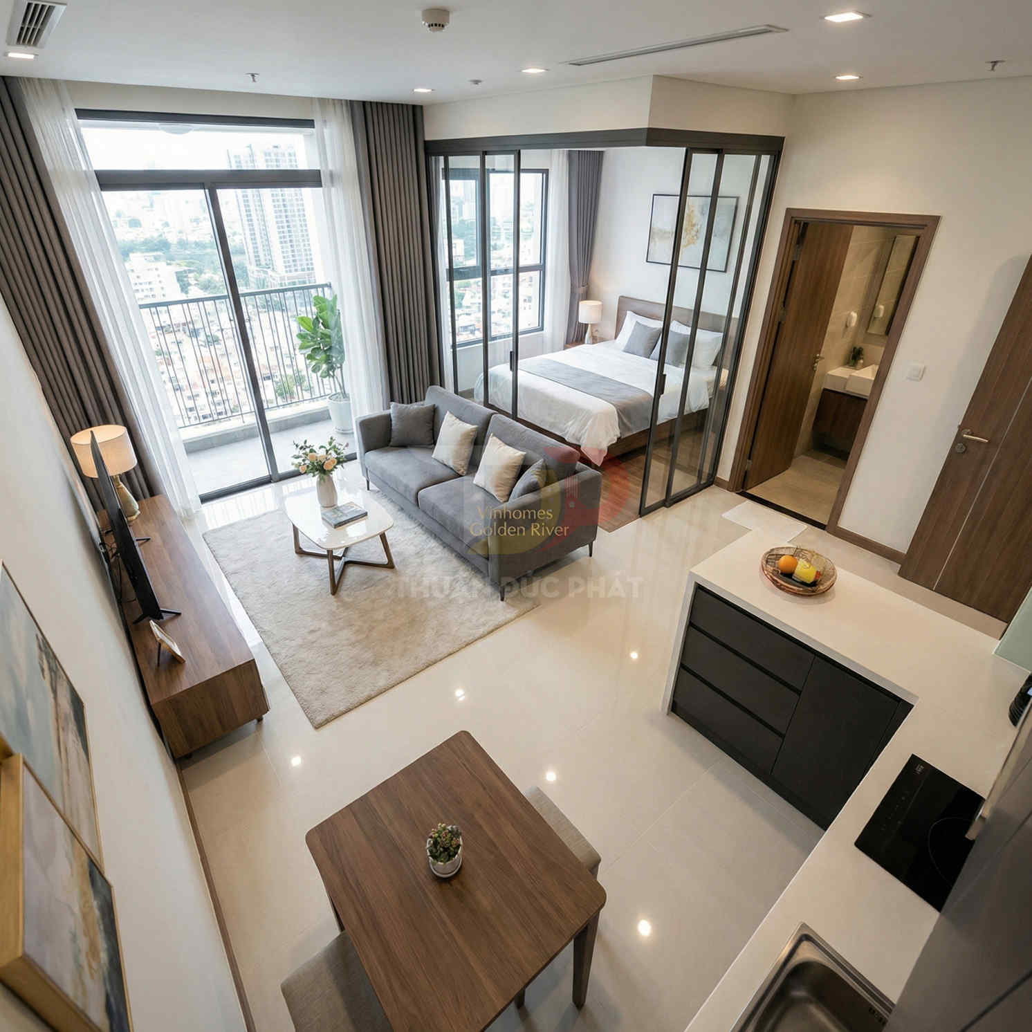 Căn hộ studio cao cấp với phòng khách, bếp và phòng ngủ kính nhìn ra ban công thành phố