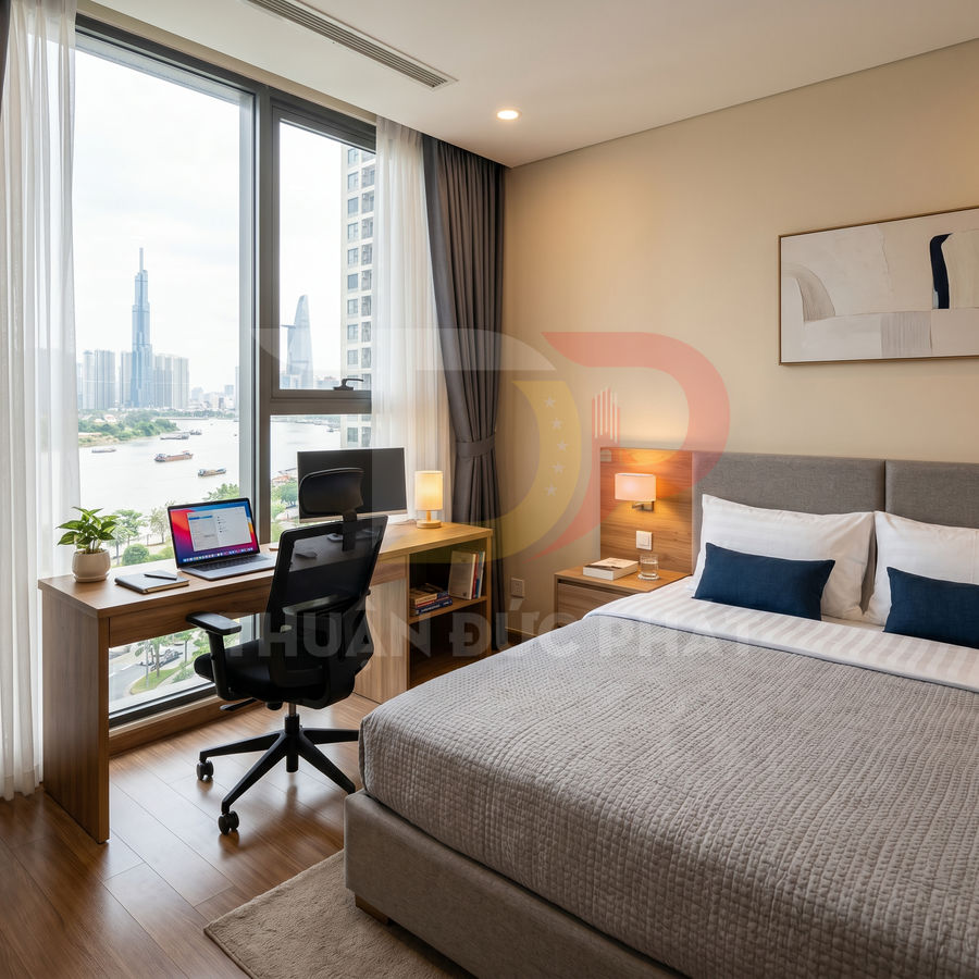 Phòng ngủ chung cư hiện đại với bàn làm việc gỗ, ghế xoay, laptop và cửa sổ lớn view sông và tòa nhà cao tầng