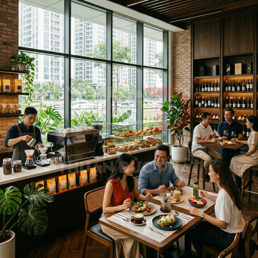 Quán cà phê hiện đại với máy pha cà phê chuyên nghiệp, quầy bánh ngọt và khách thưởng thức bữa sáng