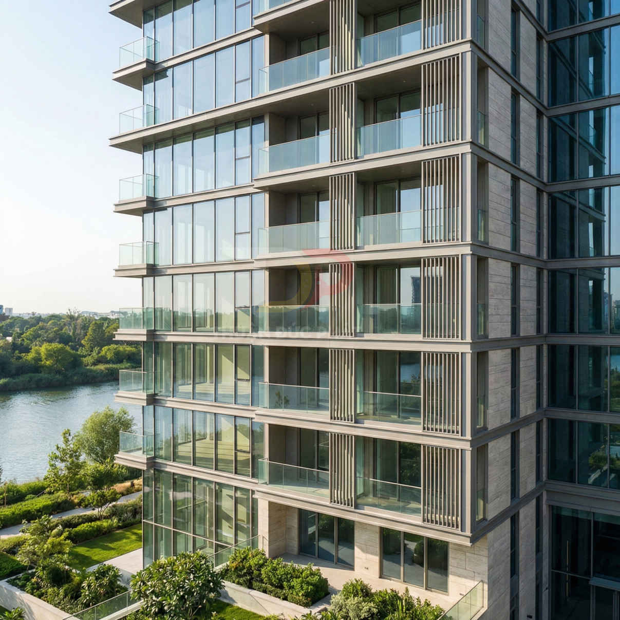 Căn hộ cao cấp mặt kính nhiều ban công kính nhìn ra sông và khu vườn xanh mát