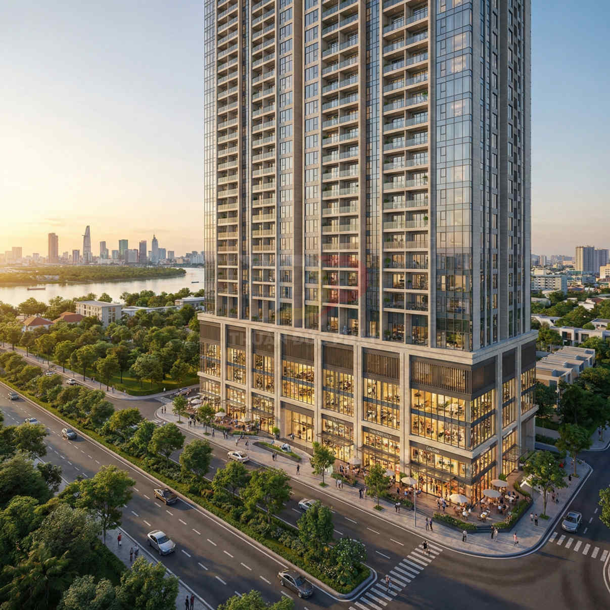 Tòa nhà chung cư cao tầng hiện đại với khối đế thương mại sầm uất bên trục đường lớn cạnh sông