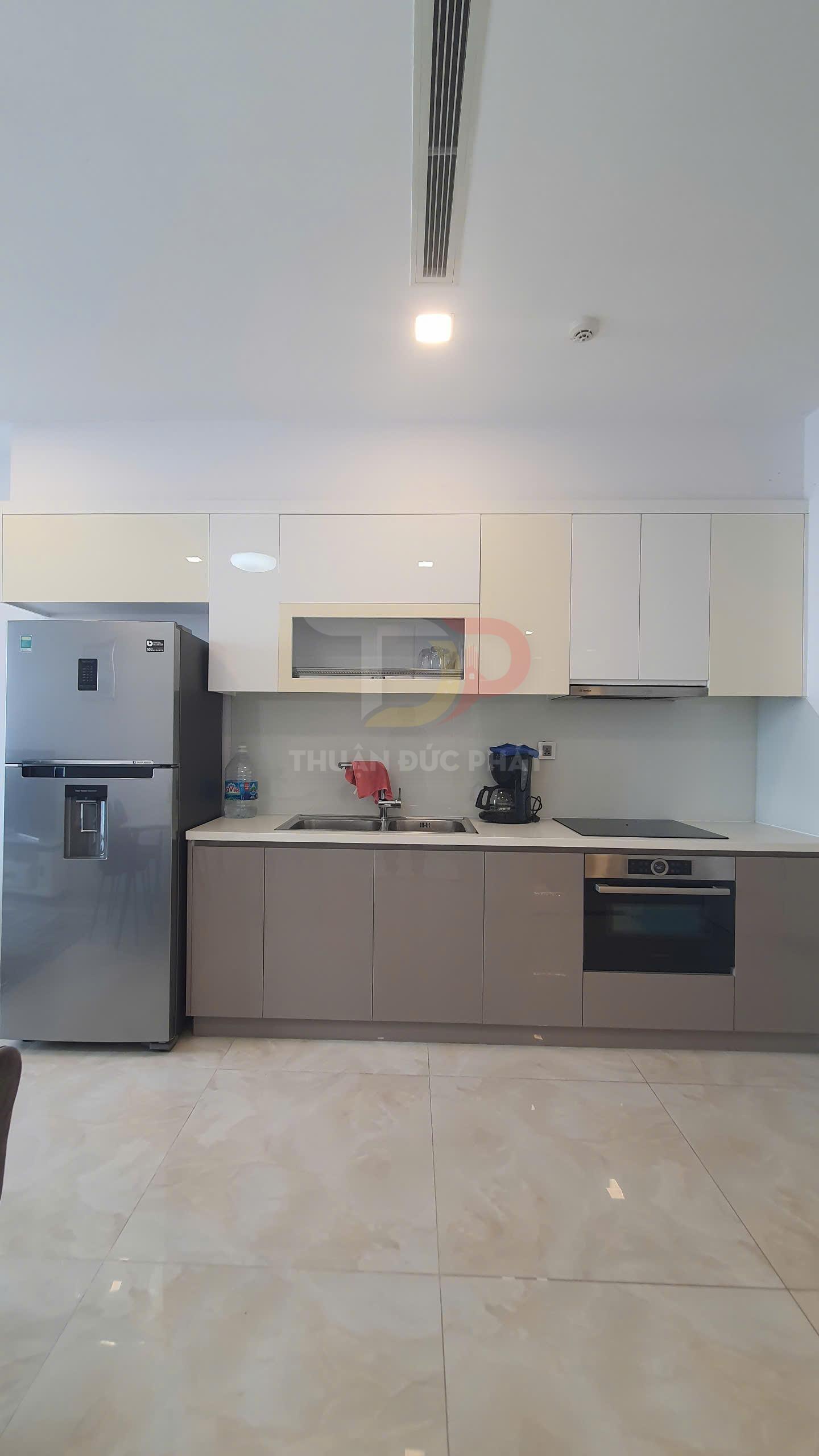 Tủ bếp hiện đại với tủ lạnh inox, bồn rửa đôi, bếp điện âm và lò nướng âm tủ trong căn hộ