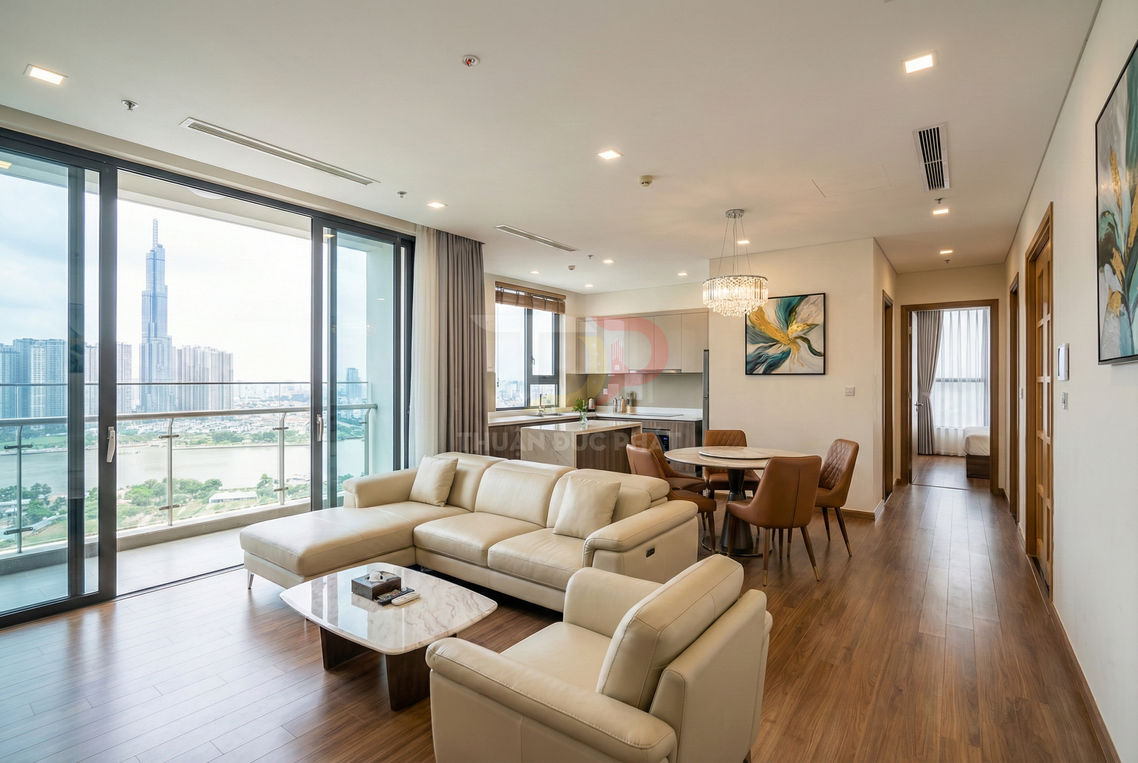 Phòng khách căn hộ cao cấp với sofa da màu kem, bàn trà đá và cửa kính lớn nhìn ra sông và thành phố