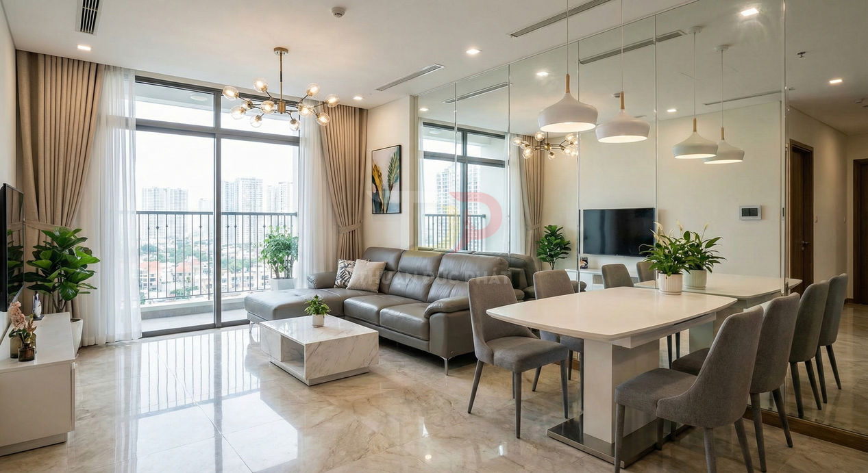 Phòng khách chung cư hiện đại với sofa da xám, bàn trà đá và bộ bàn ăn trắng ghế nỉ xám cạnh cửa kính lớn