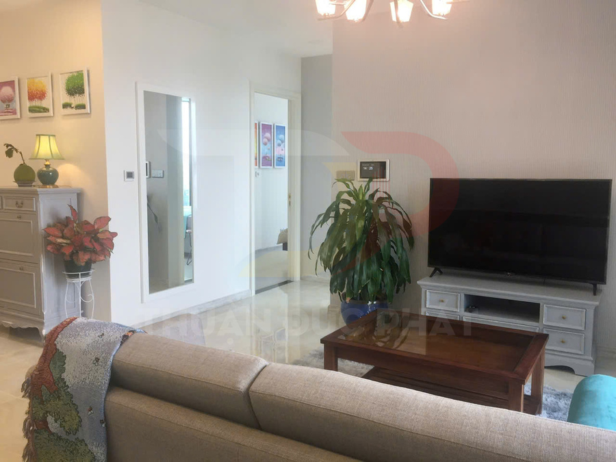 Phòng khách căn hộ với sofa, bàn gỗ, tivi màn hình phẳng trên kệ và cây xanh trang trí