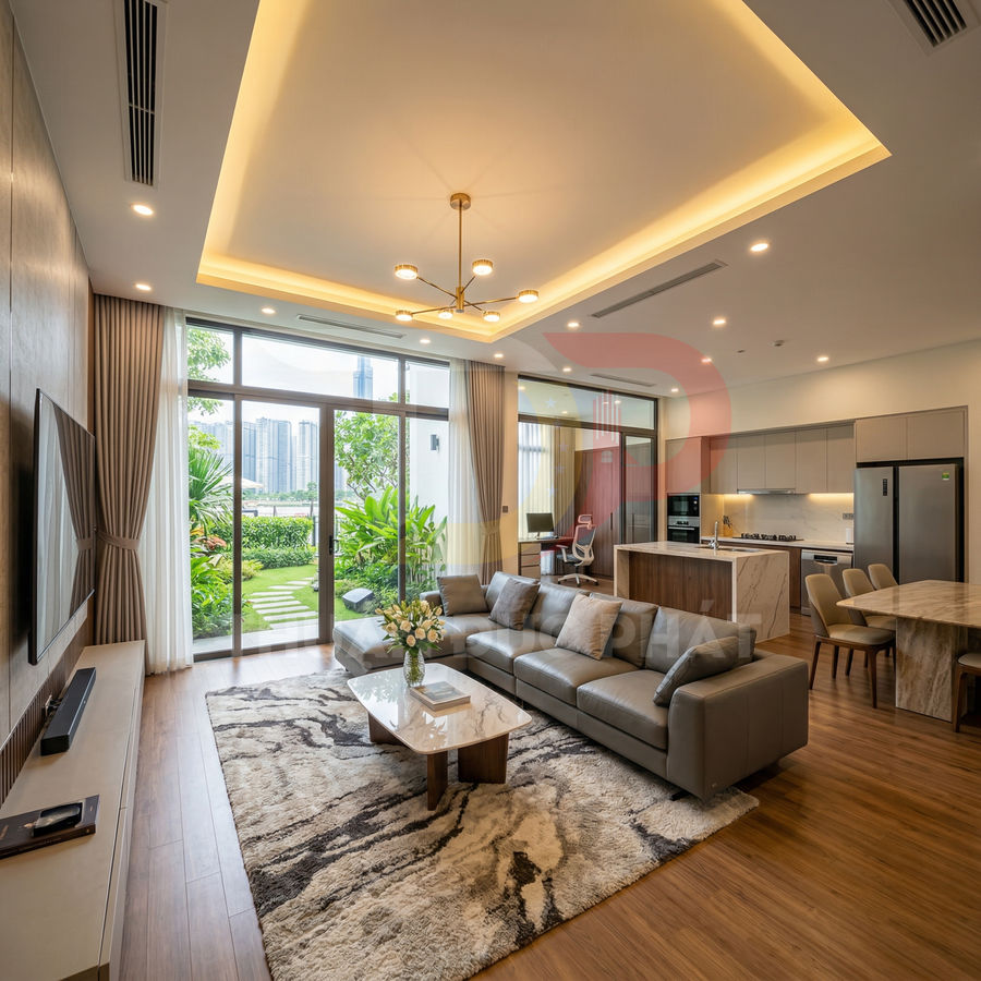 Phòng khách căn hộ cao cấp với sofa da, bàn trà đá, bếp mở và cửa kính nhìn ra vườn xanh