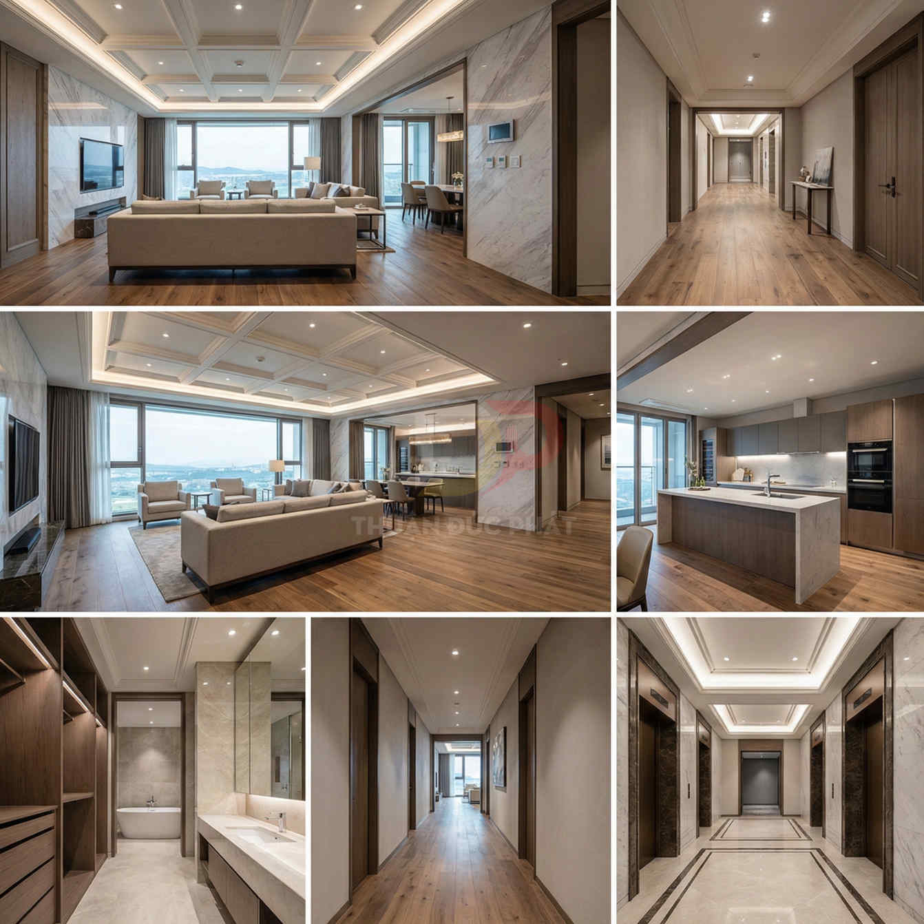 Nội thất căn hộ cao cấp với phòng khách, bếp và hành lang lát gỗ hiện đại, trần thạch cao và ánh sáng âm trần